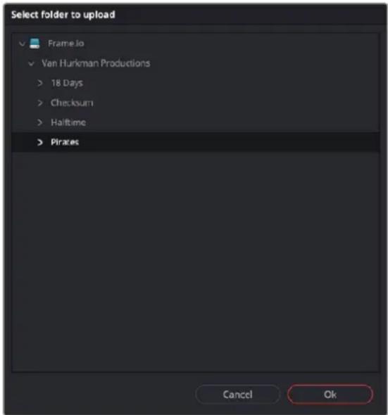 Select folder to upload ✓ FrameJo ✓ Van Hurkman Productions > 18 Days > Checksum > Halftime > Pirates Cancel Ok