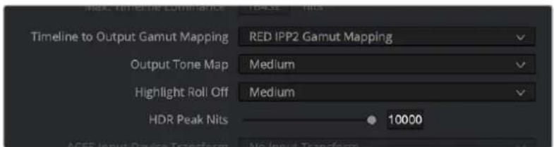 Timeline to Output Gamut Mapping RED IPP2 Gamut Mapping Output Tone Map Medium Highlight Roll Off Medium HDR Peak Nits 10000