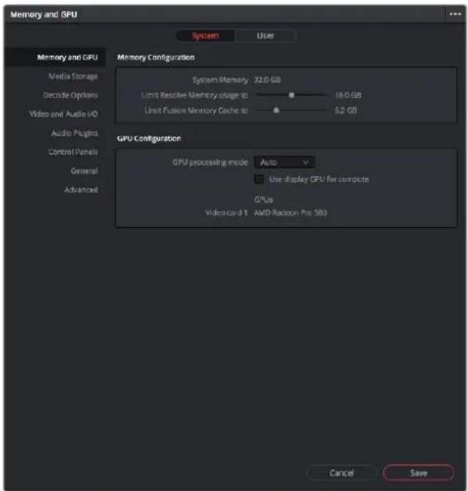 Memory and GPU System User Memory and GPU Media Storage Decode Options Video and Audio I/O Audio Plugins Control Panels General Advanced Memory Configuration System Memory 32.0 GB Limit Resolve Memory usage to 16.0 GB Limit Fusion Memory Cache to 52 GB GPU Configuration GPU processing mode Auto Use display GPU for compute GPUs Vidocuard 1 AMD Radeon Pro 560 Cancel Save