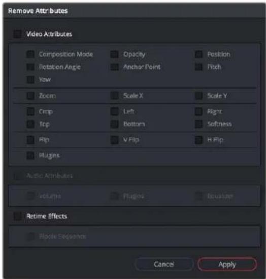 Remove Attributes Video Attributes Composition Mode Opacity Position Rotation Angle Anchor Point Pitch Yaw Zoom Scale X Scale Y Crop Left Right Tcp Bottom Softness Flip V Flip H Flip Plugins Audio Attributes volumes Plugins Reclasser Retime Effects Rotate Sequences Cancel Apply