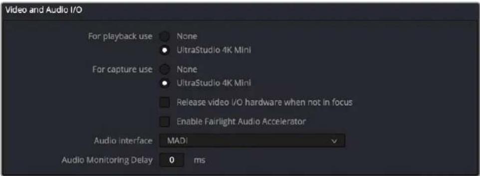Video and Audio I/O For playback use ○ None ● UltraStudio 4K Mini For capture use ○ None ● UltraStudio 4K Mini □ Release video I/O hardware when not in focus □ Enable Fairlight Audio Accelerator Audio Interface MADI Audio Monitoring Delay 0 ms