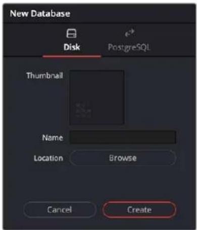 New Database Disk PostgreSQL Thumbnail Name Location Browse Cancel Create