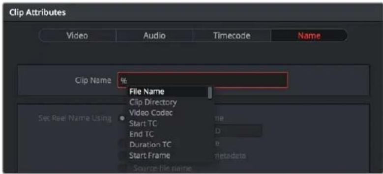 Clip Attributes Video Audio Timecode Name Clip Name % File Name Clip Directory Video Codec Start TC End TC Duration TC Start Frame Source file name Set Reel Name Using