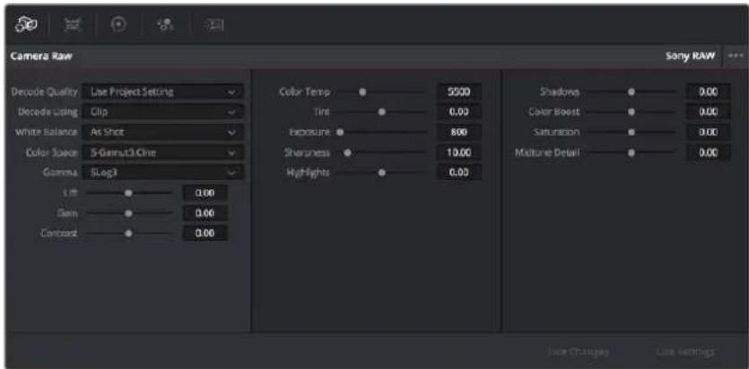 Camera Raw Sony RAW Decode Quality Decide Quality Decode Lining White Balance Color Space Gamma Slog3 Lift Glen Contour Line Project Setting Clip As Shot 5-Gamma3.Cline 0.00 0.00 0.00 0.00 Color Temp 5500 Tint 0.00 Exposure 800 Sharpness 19.00 Highlights 0.00 Shadows 0.00 Color Boost 0.00 Saturation 0.00 Maltune Detail 0.00 Line Changes Line Settings