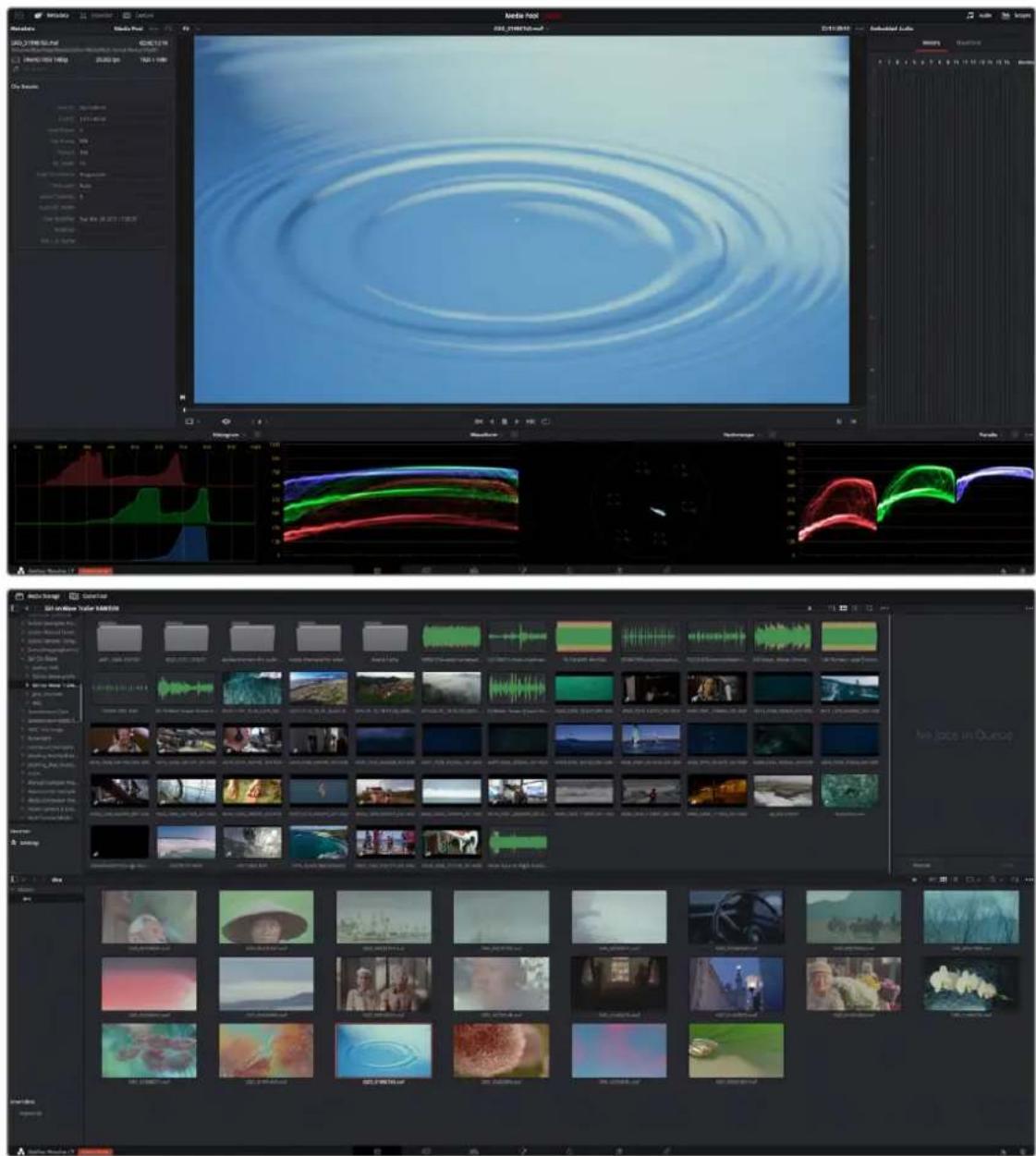 Screenshot of a video editing software interface displaying a blue circular water ripple effect on a stage with multiple audio and visual overlays.