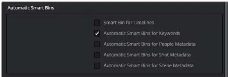 Automatic Smart Bins Smart Bin for Timelines ✓ Automatic Smart Bins for Keywords Automatic Smart Bins for People Metadata Automatic Smart Bins for Shot Metadata Automatic Smart Bins for Scene Metadata
