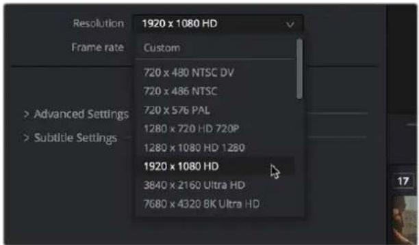 Resolution 1920 x 1080 HD Frame rate Custom 720 x 480 NTSC DV 720 x 486 NTSC 720 x 576 PAL 1280 x 720 HD 720P 1280 x 1080 HD 1280 > Advanced Settings > Subtitle Settings 1920 x 1080 HD 3840 x 2160 Ultra HD 7680 x 4320 BK Ultra HD