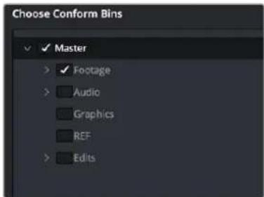 Choose Conform Bins ✓ Master > ✓ Footage > □ Audio □ Graphics □ REF > □ Edits