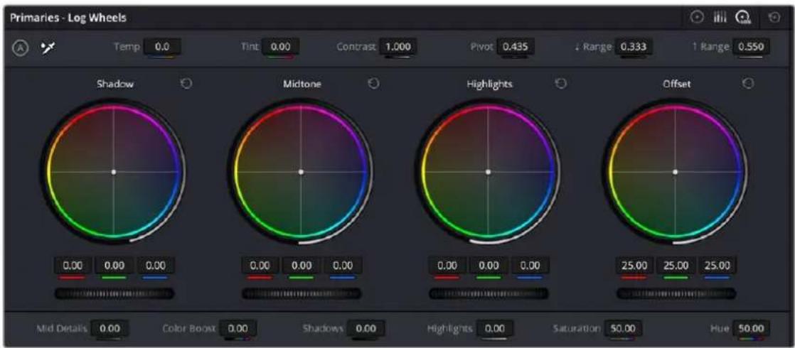 Primaries - Log Wheels Temp 0.0 Tint 0.00 Contrast 1.000 Pivot 0.435 ↓ Range 0.333 ↑ Range 0.550 Shadow Midtone Highlights Offset Mid Details 0.00 Color Boost 0.00 Shadows 0.00 Highlights 0.00 Saturation 50.00 Hue 50.00