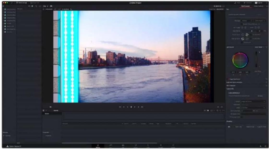 Screenshot of Adobe Photoshop interface showing a cityscape at dusk with blue neon lights and a color adjustment panel.