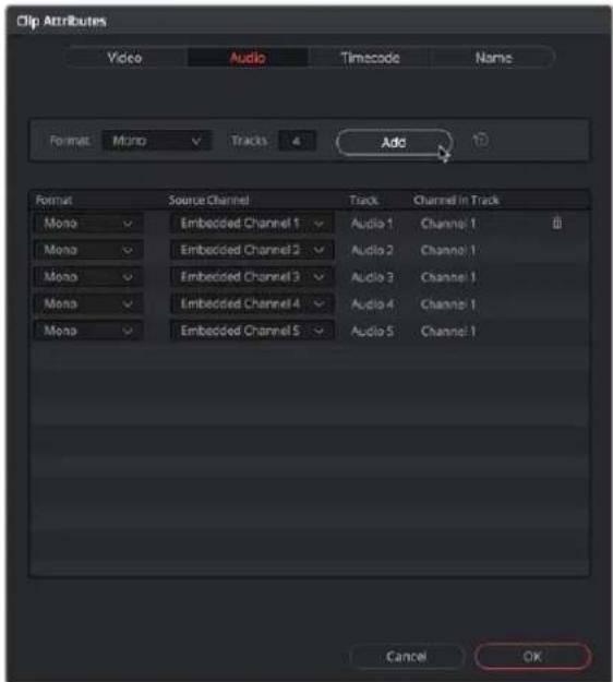 Clip Attributes Video Audio Timecode Name Format: Mono Tracks 4 Add Format Source Channel Track Channel in Track Mono Embedded Channel 1 Audio 1 Channel 1 Mono Embedded Channel 2 Audio 2 Channel 1 Mono Embedded Channel 3 Audio 3 Channel 1 Mono Embedded Channel 4 Audio 4 Channel 1 Mono Embedded Channel 5 Audio 5 Channel 1 Cancel OK