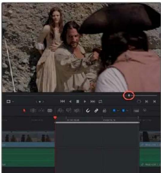 Video editing software interface showing a scene with three characters in the background and timeline controls