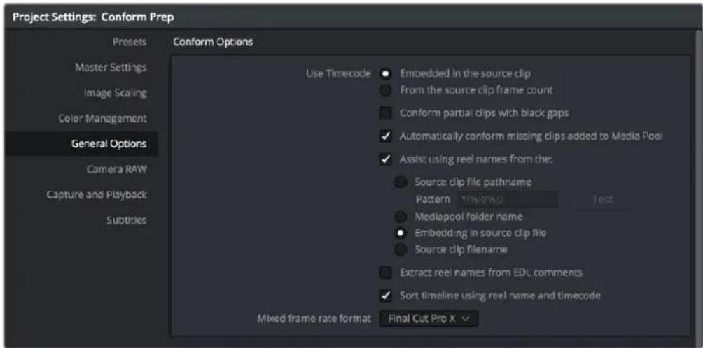 Project Settings: Conform Prep Presets Master Settings Image Scaling Color Management General Options Camera RAW Capture and Playback Subtitles Conform Options Use Timecode Embedded in the source clip From the source clip frame count Conform partial clips with black gaps Automatically conform missing clips added to Media Pool Assist using reel names from the: Source clip file pathname Pattern 7W8900 Test Mediapool folder name Embedding in source clip file Source clip filename Extract reel names from EDL comments Sort timeline using reel name and timecode Mixed frame rate format Final Cut Pro X