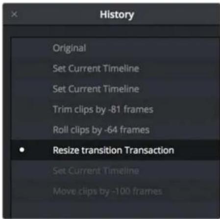 History Original Set Current Timeline Set Current Timeline Trim clips by -81 frames Roll clips by -64 frames Resize transition Transaction Set Current Timeline Move clips by -100 frames