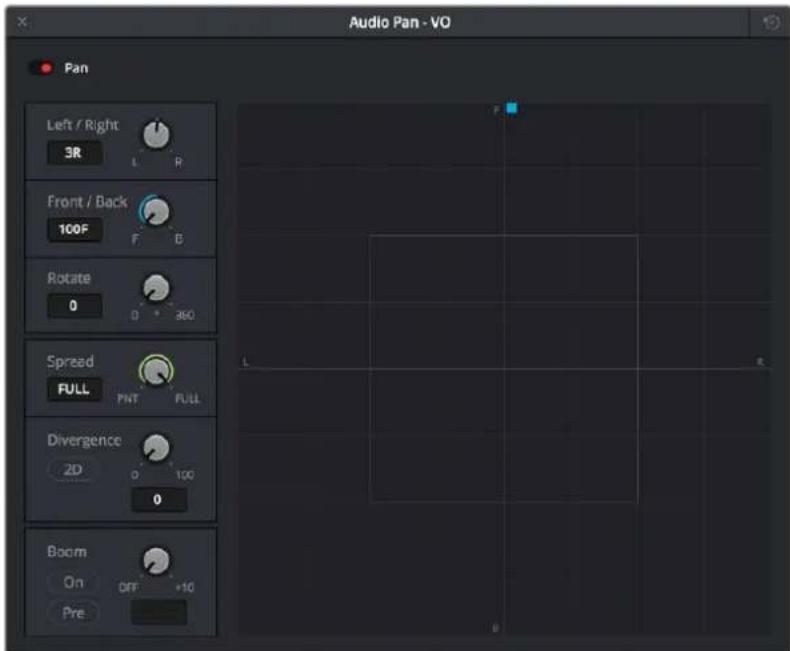Audio Pan - VO Pan Left / Right 3R Front / Back 100F Rotate 0 Spread FULL Divergence 2D Boom On Pre OFF +10