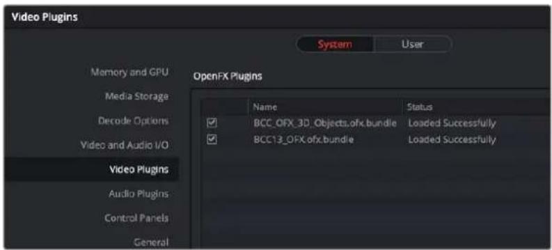 Video Plugins System User OpenFX Plugins Memory and GPU Media Storage Decode Options Video and Audio I/O Video Plugins Audio Plugins Control Panels General Name Status ✓ BCC_OFX_3D_Objects.ofx.bundle Loaded Successfully ✓ BCC13_OFX.ofx.bundle Loaded Successfully