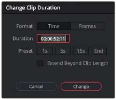 Change Clip Duration Format Time Frames Duration 00:00:52:11 Preset 1s 5s 15s End Extend Beyond Clip Length Cancel Change