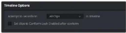 Timeline Options Attempt to reconvorm All Clips In timeline Set clips to Conform Lock Enabled after conform