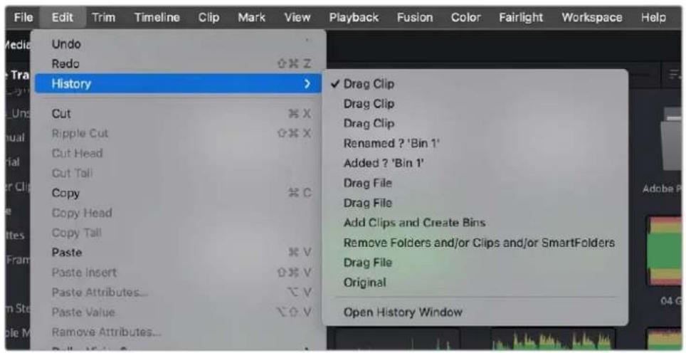 File Edit Trim Timeline Clip Mark View Playback Fusion Color Fairlight Workspace Help Media Undo Redo 0%Z History > Cut Ripple Cut 0%X Cut Head Cut Tall Copy 0%C Copy Head Copy Tall Paste 0%V Paste Insert 0%V Paste Attributes... 0%V Paste Value 0%V Remove Attributes... ✓ Drag Clip Drag Clip Drag Clip Renamed ? 'Bin 1' Added ? 'Bin 1' Drag File Drag File Add Clips and Create Bins Remove Folders and/or Clips and/or SmartFolders Drag File Original Open History Window