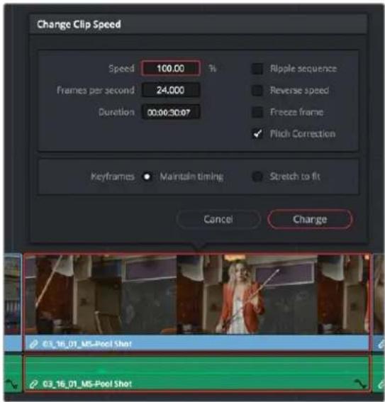 Change Clip Speed Speed 100.00 % Frames per second 24.000 Duration 00:00:30:07 Ripple sequence Reverse speed Freeze frame ✓ Pitch Correction Keyframes • Maintain timing Stretch to fit Cancel Charge 03_16_01_MS-Pool Shot 03_16_01_MS-Pool Shot