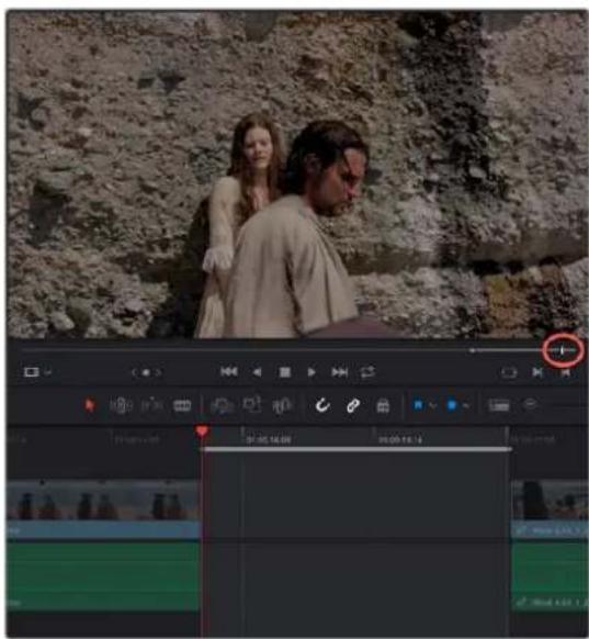 Video editing software interface showing timeline with two characters and a red play button, displayed on screen