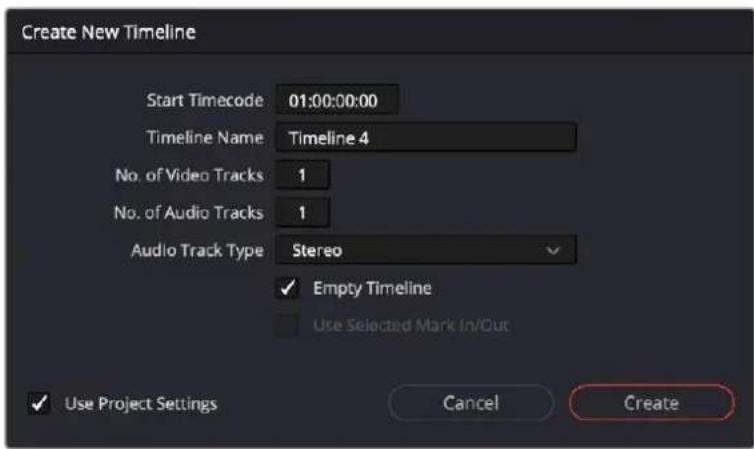 Create New Timeline Start Timecode 01:00:00:00 Timeline Name Timeline 4 No. of Video Tracks 1 No. of Audio Tracks 1 Audio Track Type Stereo ✓ Empty Timeline Use Selected Mark In/Out ✓ Use Project Settings Cancel Create