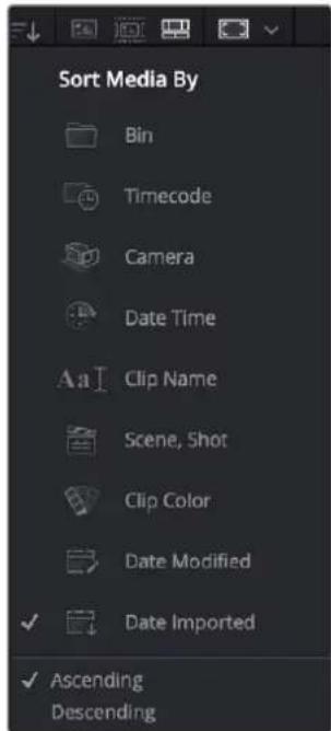 Sort Media By Bin Timecode Camera Date Time Aa Clip Name Scene, Shot Clip Color Date Modified Date Imported Ascending Descending