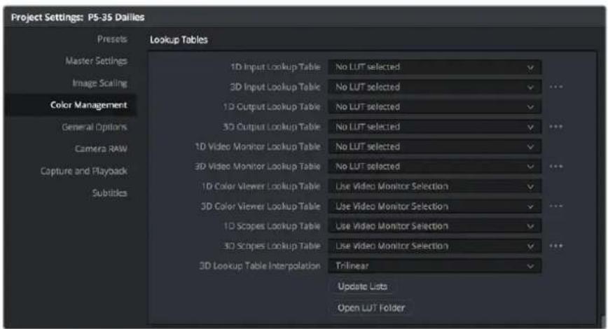 Project Settings: PS-35 Dailies Presets Master Settings Image Scaling Color Management General Options Camera RAW Capture and Playback Subtitles Lookup Tables 1D Input Lookup Table No LUT selected 3D Input Lookup Table No LUT selected 1D Output Lookup Table No LUT selected 3D Output Lookup Table No LUT selected 1D Video Monitor Lookup Table No LUT selected 3D Video Monitor Lookup Table No LUT selected 1D Color Viewer Lookup Table Use Video Monitor Selection 3D Color Viewer Lookup Table Use Video Monitor Selection 1D Scopes Lookup Table Use Video Monitor Selection 3D Scopes Lookup Table Use Video Monitor Selection 3D Lookup Table Interpolation Trilinear Update Lists Open LUT Folder