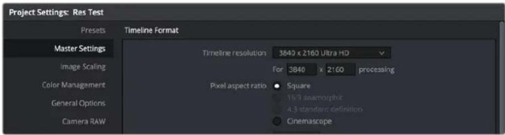 Project Settings: Res Test Presets Timeline Format Master Settings Image Scaling Color Management General Options Camera RAW Timeline resolution 3840 x 2160 Ultra HD For 3840 x 2160 processing Pixel aspect ratio Square 16:9 anemorphic 4:3 standard definition Cinemascope
