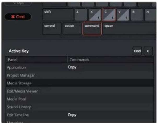 Shift Z X C Y B N control option command space Active Key Cmd Command Application Copy Project Manager Media Storage Edit/Media Viewer Media Pool Sound Library Edit Timeline Copy