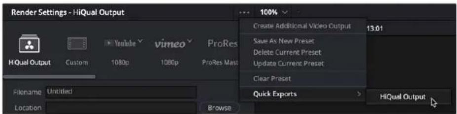 Render Settings - HiQual Output HiQual Output Custom 1080p 1080p ProRes Filename Untitled Location Browse 100% Create Additional Video Output Save As New Preset Delete Current Preset Update Current Preset Clear Preset Quick Exports HiQual Output 13:01