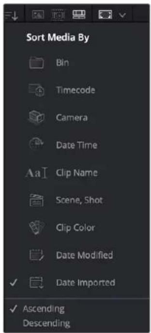 Sort Media By Bin Timecode Camera Date Time Aa Clip Name Scene, Shot Clip Color Date Modified Date Imported Ascending Descending