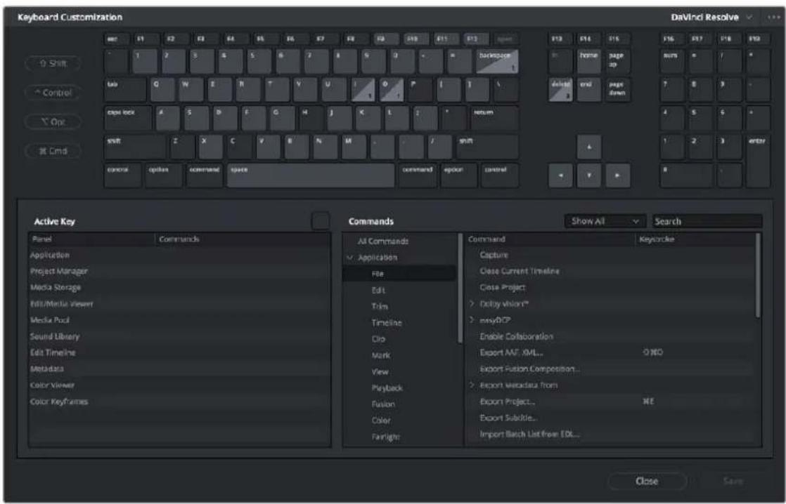 Keyboard Customization DaVinci Resolve Shift Control One Cmd Backspace 1 page 20 end down return shift shift control options command space command space control Active Key Panel Commands Application Project Manager Media Storage Edit/Menu Viewers Media Pool Sound Library Edit Timeline Metadata Color Viewer Color Keyframes Commands All Commands Application File Edit Trim Timeline Clip Mark View Playback Fusion Color Fairlight Command Keywords Capture Close Current Timeline Close Project: > Entity Vision* > emptyDCP Enable Collaboration Export AIF XML... ONO Export Fusion Composition... > Export Metadata from Export Project... ME Export Subidle... Import Batch List from EDL... Show All Search Close Save