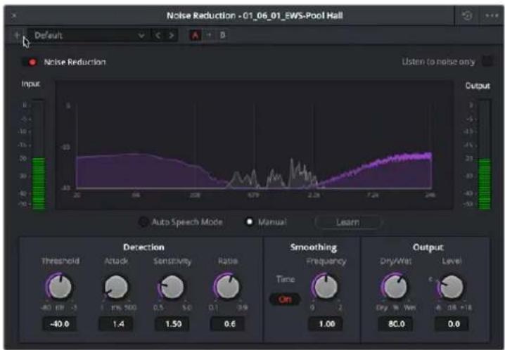 Noise Reduction - 01_06_01_EWS-Pool Hall Default Noise Reduction Listen to noise only Input Output Auto Speech Mode Manual Learn Detection Threshold Attack Sensitivity Ratio Smoothing Frequency On Dry/Wet Level -40.0 1.4 1.50 0.6 1.00 80.0 0.0