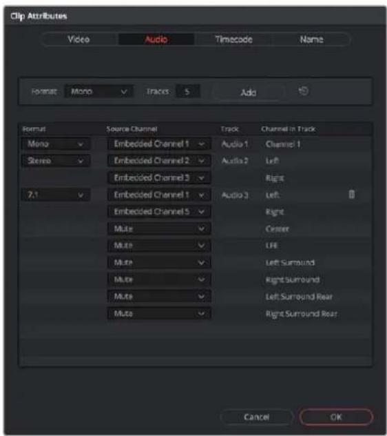 Clip Attributes Video Audio Timecode Name Format Mono Tracks 5 Add Format Source Channel Track Channel in Track Mono Embedded Channel 1 Audio 1 Channel 1 Stereo Embedded Channel 2 Audio 2 Left Embedded Channel 3 Right 7.1 Embedded Channel 1 Audio 3 Left Embedded Channel 5 Right Multi Center Multi LIFE Multi Left Surround Multi Right Surround Multi Left Surround Rear Right Surround Rear Multi Cancel OK