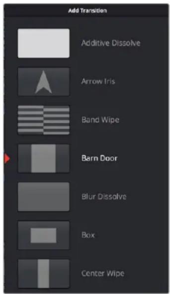 Add Transition Additive Dissolve Arrow Iris Band Wipe Barn Door Blur Dissolve Box Center Wipe