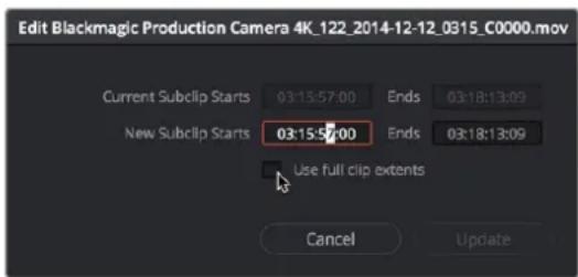Edit Blackmagic Production Camera 4K_122_2014-12-12_0315_C0000.mov Current Subclip Starts 03:15:57:00 Ends 03:18:13:09 New Subclip Starts 03:15:57:00 Ends 03:18:13:09 Use full clip extents Cancel Update