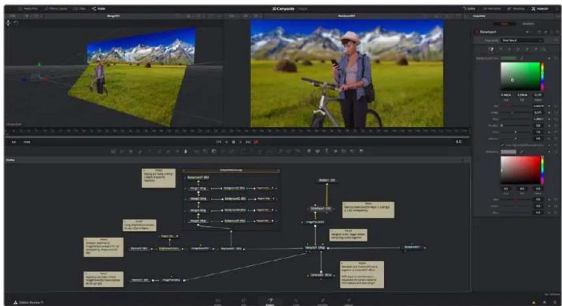 Screenshot of a video editing software interface showing landscape and camera settings with Chinese text annotations.
