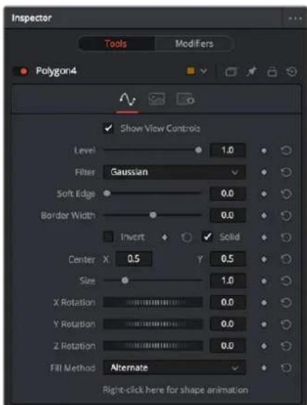 Inspector Tools Modifiers Polygon4 ✓ Show View Controls Level 1.0 Filter Gaussian Soft Edge 0.0 Border Width 0.0 Invert ✓ Solid Center X 0.5 Y 0.5 Size 1.0 X Rotation 0.0 Y Rotation 0.0 Z Rotation 0.0 Fill Method Alternate Right-click here for shape animation