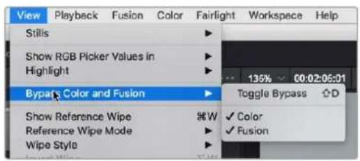 View Playback Fusion Color Fairlight Workspace Help Stills Show RGB Picker Values in Highlight Bypass Color and Fusion Show Reference Wipe $W ✓ Color Reference Wipe Mode ✓ Fusion Wipe Style 135% 00:02:05:01 Toggle Bypass ▲D