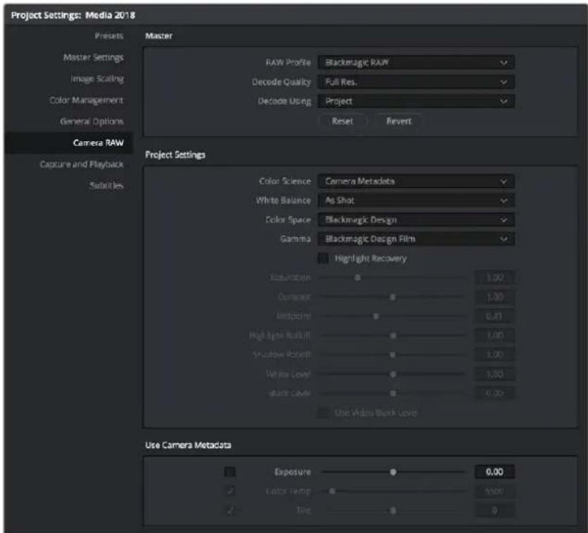 Project Settings: Media 2018 Presents Master Settings Image Scaling Color Management General Options Camera RAW Capture and Playback Suburites Master RAW Profile Blackmagic RAW Decode Quality Full Res. Decade Using Project Reset Revert Project Settings Color Science Camera Metadata White Balance As Shot Color Space Blackmagic Design Gamma Blackmagic Design Film Highlight Recovery Saturation 1.00 Current 1.00 Midpoint 0.31 Highlight Realit 1.00 Shadow Realit 1.00 White Level 1.00 Black Level 0.00 Use Video-Black Lovers Use Camera Metadata Exposure 0.00 Laser Temp 5650 Temp 0