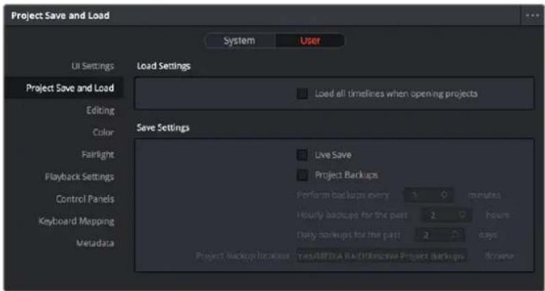 Project Save and Load System User UI Settings Load Settings Project Save and Load Load all timelines when opening projects Editing Color Fairlight Playback Settings Live Save Project Backups Control Panels Perform backups every 10 minutes Keyboard Mapping Hourly backups for the past 2 hours Metadata Daily backups for the past 2 days Project Backup Location Yes/REDA RAID/Exclusive Project Backups Browse
