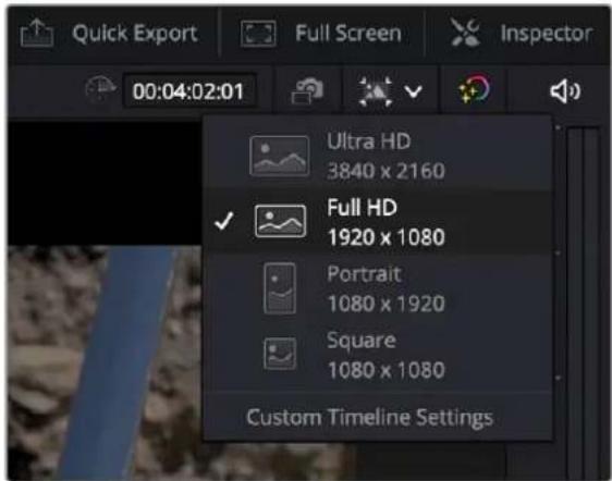 Quick Export Full Screen Inspector 00:04:02:01 Ultra HD 3840 x 2160 Full HD 1920 x 1080 Portrait 1080 x 1920 Square 1080 x 1080 Custom Timeline Settings