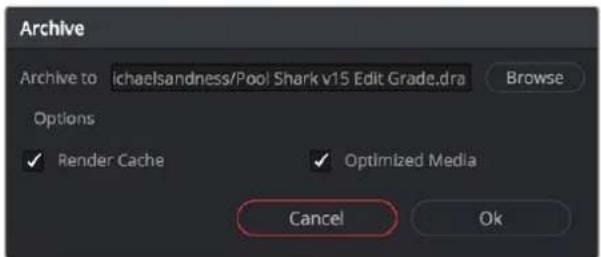 Archive Archive to Ichaelsandness/Pool Shark v15 Edit Grade.dra Browse Options ✓ Render Cache ✓ Optimized Media Cancel Ok