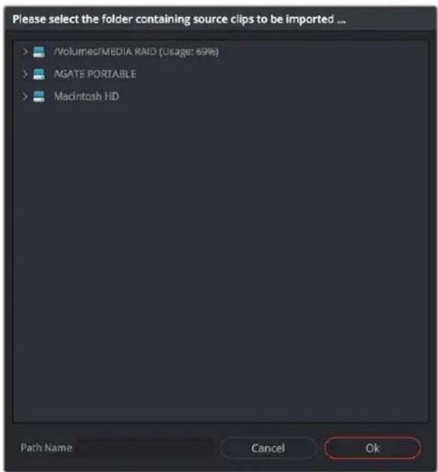 Please select the folder containing source clips to be imported ... /Volumes/MEDIA RAID (Usage: 69%) AGATE PORTABLE Madintosh HD Path Name Cancel Ok