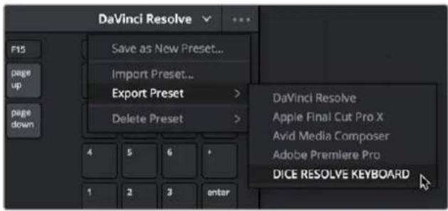 DaVinci Resolve Save as New Preset... Import Preset... Export Preset > Delete Preset > DaVinci Resolve Apple Final Cut Pro X Avid Media Composer Adobe Premiere Pro DICE RESOLVE KEYBOARD