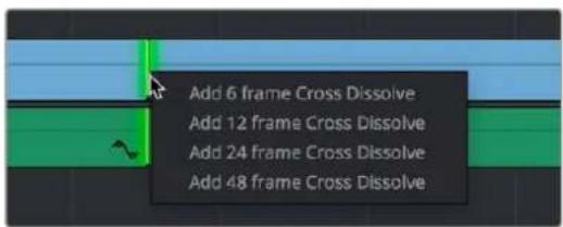 Add 6 frame Cross Dissolve Add 12 frame Cross Dissolve Add 24 frame Cross Dissolve Add 48 frame Cross Dissolve