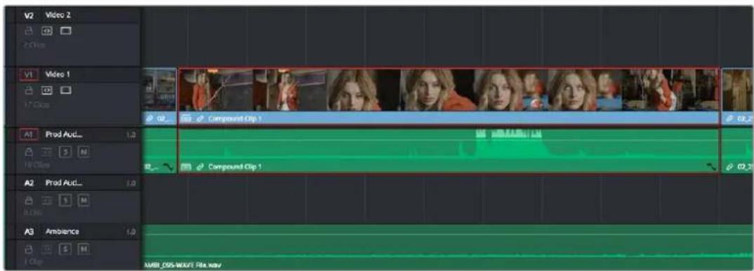 V2 Video 2 2.0 fps V1 Video 1 17 fps A1 Prod Aud... 1.0 S M 18 fps A2 Prod Aud... 1.0 S M 0.0 fps A3 Ambience 1.0 S M 1 Clip Compound Clip 1 02 Compound Clip 1 02.2 02.2 AMB FSS-WAVE File now