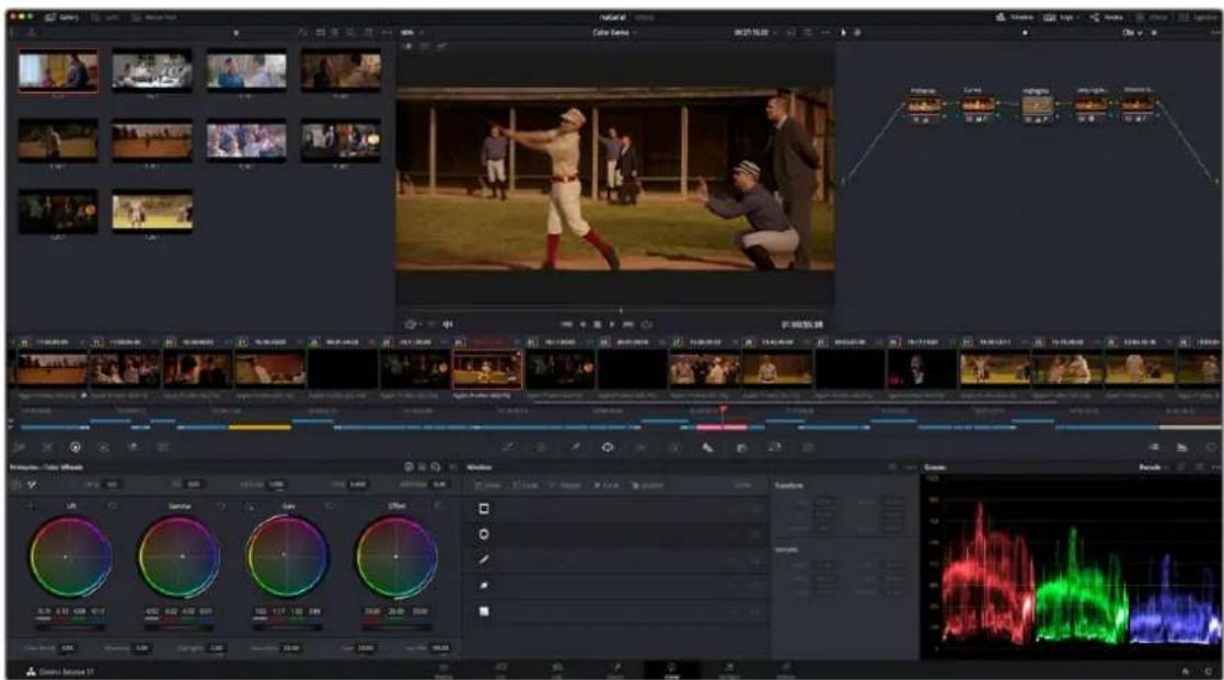 Screenshot of a video editing software interface displaying multiple tracks, frames, and a stage photo of a man in a baseball stance.