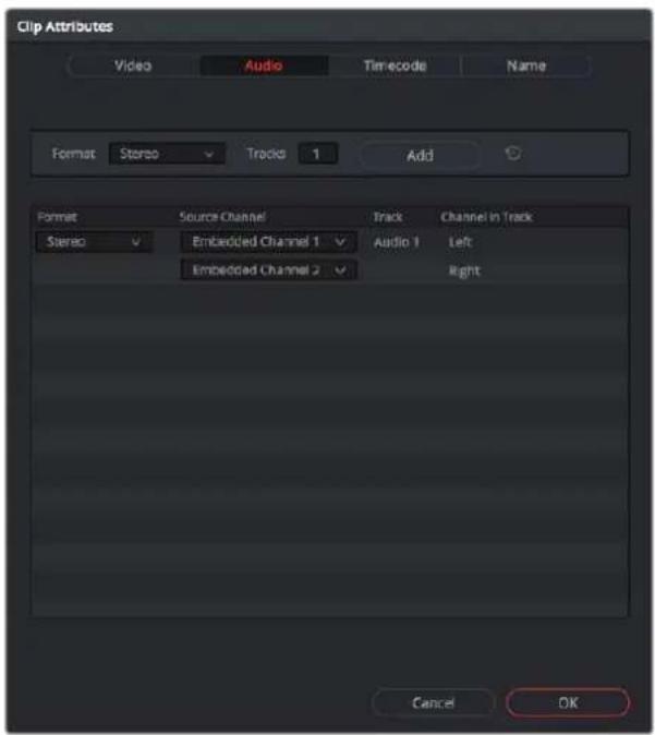 Clip Attributes Video Audio Timecode Name Format Stereo Tracks 1 Add Format Source Channel Track Channel in Track Stereo Embedded Channel 1 Audio 1 Left Embedded Channel 2 Right Cancel OK